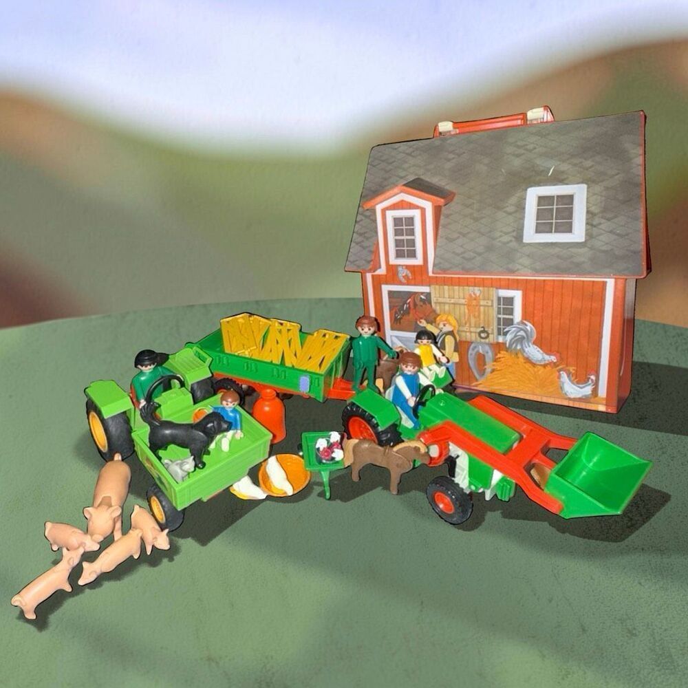 Vintage Playmobil Take Along Farm ‘77 Tractor & Trailer People  Kids & Animals